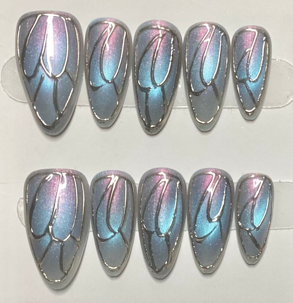 Iridescent Ombre Butterfly Wing Cat Eye Handmade Almond Press-On Nail Medium